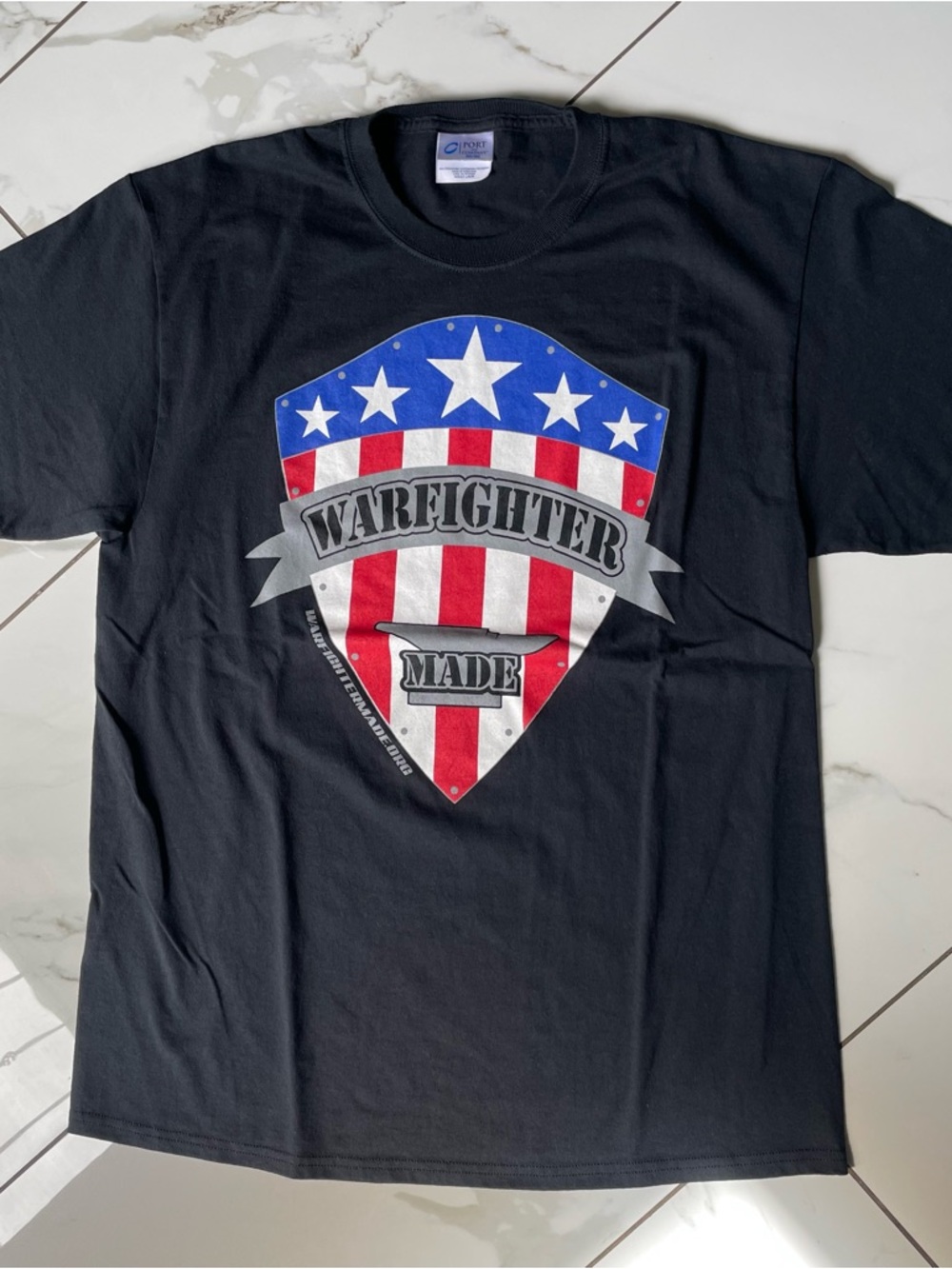 Port and Company Black Tee with Red, White & Blue Warfighter Shield